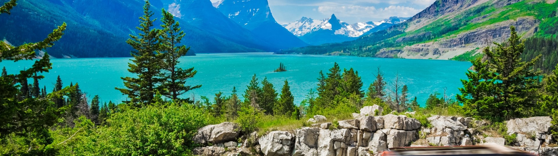 St. Mary Lake, mountains, Glacier National Park, road trip, red tour bus
